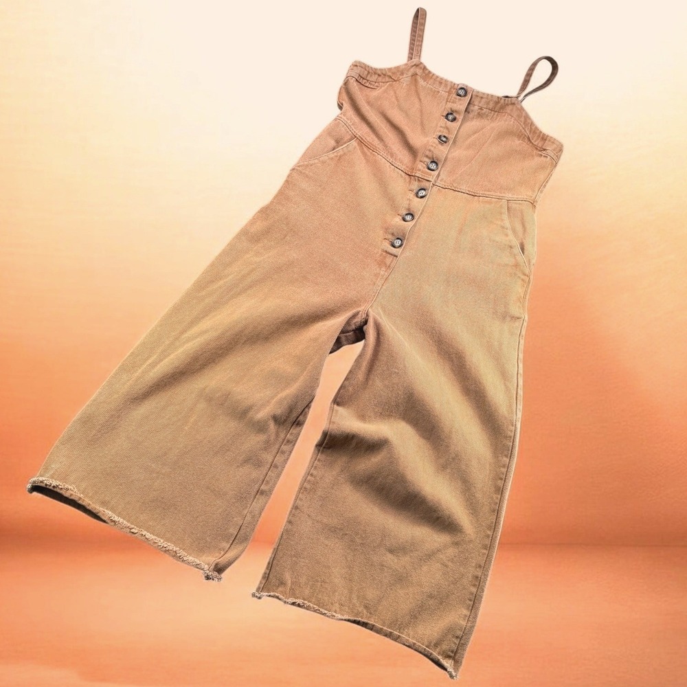 Wishlist Jumpsuit‎ Women L Brown Denim Button Front Wide Leg Raw Hem Boho Chic